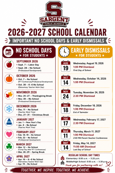 A graphic image that lists all the no school and early dismissal days. which are all listed on the school calendar.